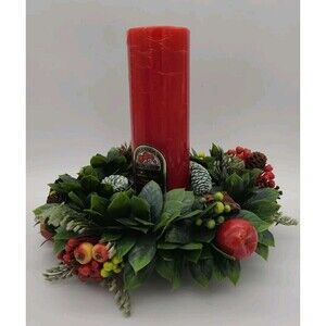 Hallmark Vintage Pillar Christmas Candle Plastic Wreath Wood Base 3 Piece MCM